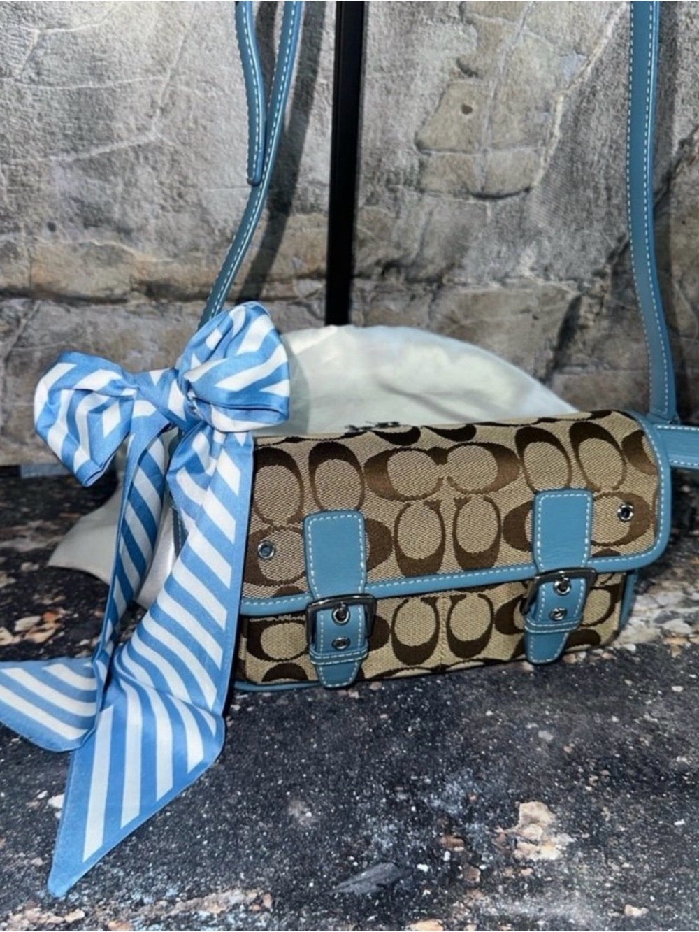 Coach Brown Signature Canvas Crossbody with Blue Trim